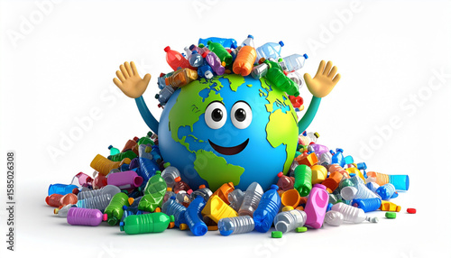 Cartoon Earth character with arms raised, covered in plastic bottles and waste, illustrating pollution.