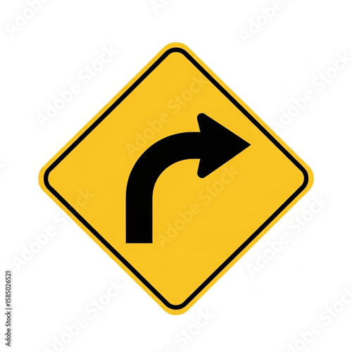 Yellow diamond-shaped road sign indicating a right-hand curve ahead.
