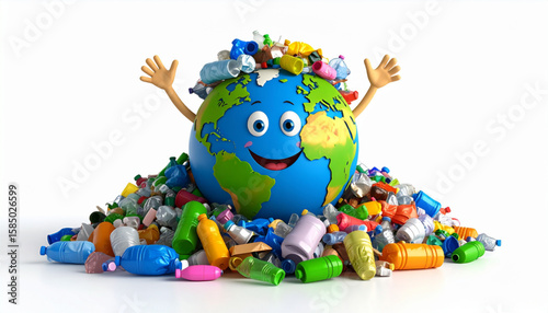 Cartoon Earth globe surrounded by a large pile of colorful plastic waste, symbolizing environmental pollution.