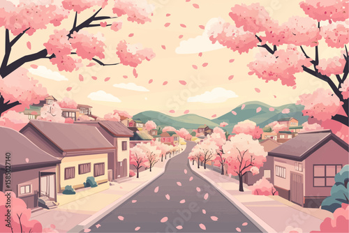 春の日本の通り。桜の季節のカードやタグに。
A calm Japanese street in spring with blossoms, great for greeting cards and DIY gift tags