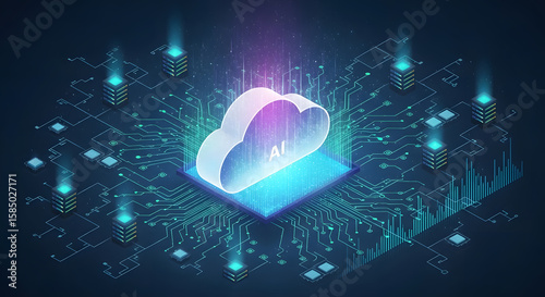 AI Cloud Computing Concept with Data Storage and Processor on Digital Circuit Board