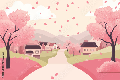 日本のやさしい桜の道。絵本や学習素材に。
A peaceful cherry blossom road in Japan, ideal for children’s books and educational spring visuals
