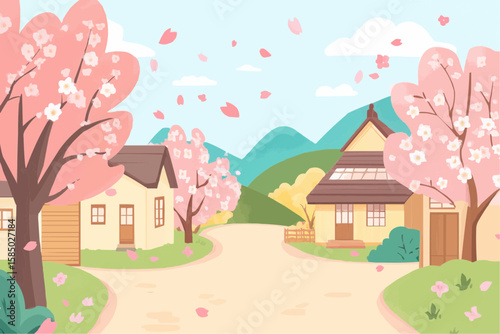 日本の春の通りと桜の花びら。プリントに最適。
A playful Japanese spring street with floating sakura petals, great for seasonal printable decor