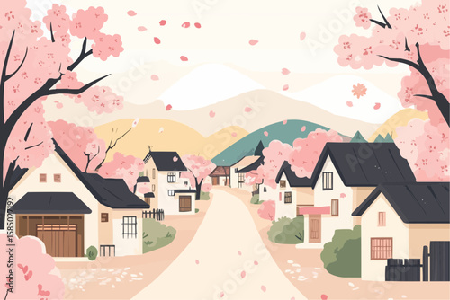 春の日本の桜並木通り。ナイーブでやさしい雰囲気。
A soft and childlike Japanese street with cherry blossoms, perfect for nursery wall art and spring decor