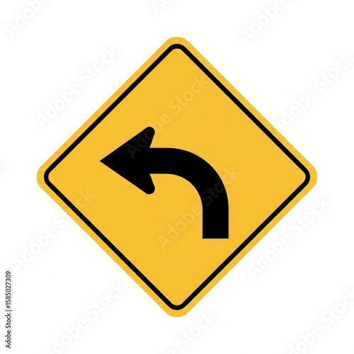 A yellow diamond-shaped road sign indicating a sharp left turn ahead.