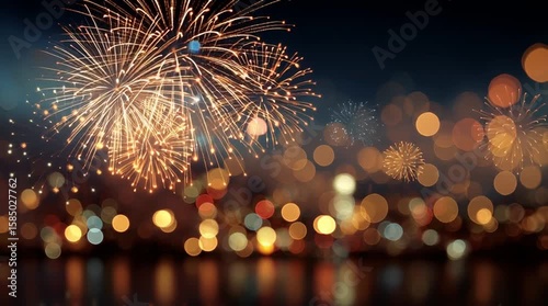 Festive Fireworks Over Cityscape at Night with Bokeh Lights