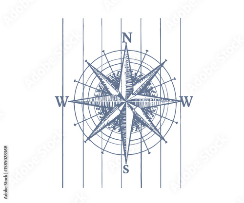 Vintage Compass Rose Illustration with North South East and West Markings