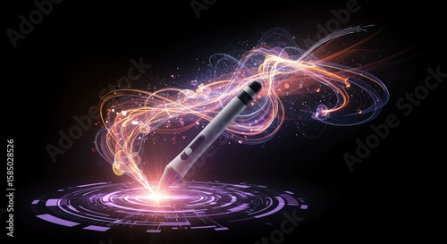A digital pencil creating light trails over a futuristic interface on a dark backdrop, emphasizing innovation, creativity and technological advancements.