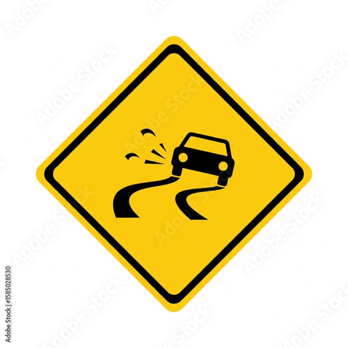 Yellow diamond warning sign depicting a car sliding on a wet road.