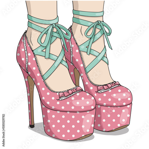 High heel platform shoes with polka dots and ribbon lacings, charming pair of high heel platform shoes in pink and white. Detailed platform shoes provide whimsical charm.