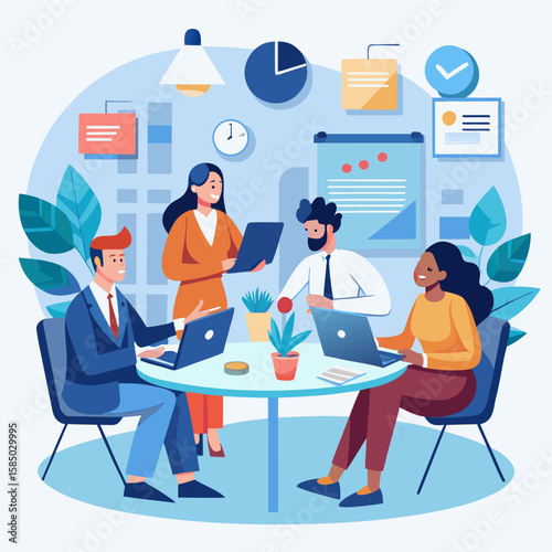 Flat Office Teamwork and Business Meeting Illustration with Diverse People Working on Laptops, Discussion, Charts, and Corporate Planning in Modern Workplace Environment