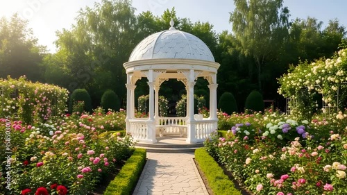 Romantic White Gazebo in Lush Flower Garden at Golden Hour