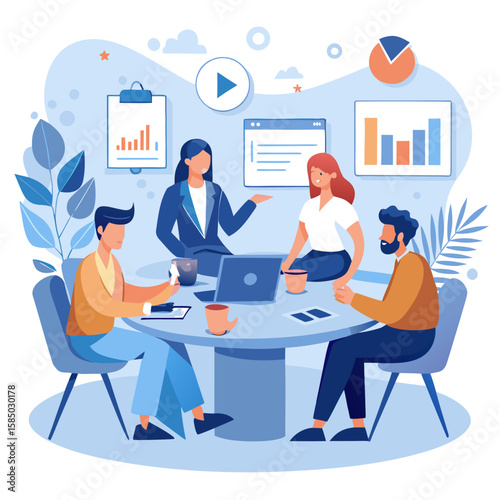Flat Office Teamwork and Business Meeting Illustration with Diverse People Working on Laptops, Discussion, Charts, and Corporate Planning in Modern Workplace Environment