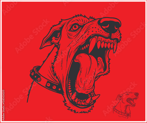 Aggressive Dog Illustration Growling Canine with Sharp Teeth on Red Background