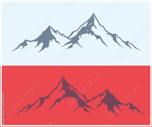 Two mountain range silhouettes one in blue and one in red background