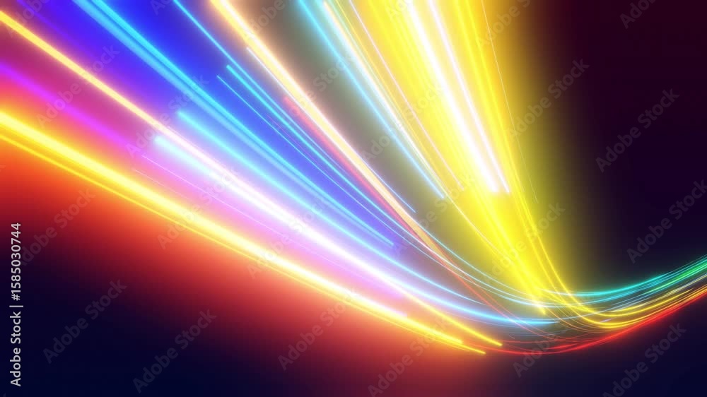 Hi tech light flow. Speed of light. 3d vj loop, abstract bg with futuristic flow of multicolor glow lines. Light streaks fly pass camera or flight through data flow. Neon glowing rays in motion