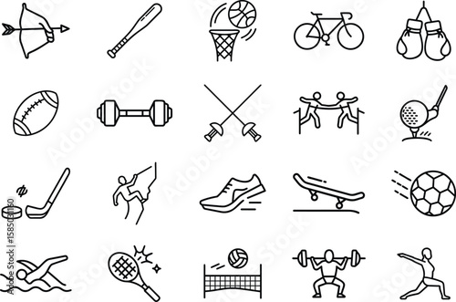 A collection of vector icons representing various sports and activities, including archery, baseball, basketball, cycling, boxing, football, and more. Perfect for use in fitness, recreation, and sport