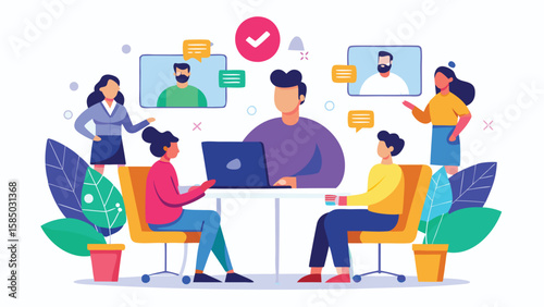Illustration of a virtual meeting with people in a conference room and video call screens shown