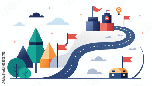 Illustration of a winding road leading uphill towards a building with flags and trees around it