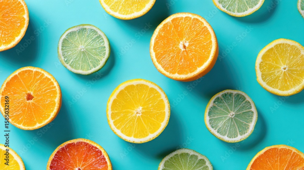 Fototapeta premium flatlay of sliced citrus fruits arranged in dynamic pattern on turquoise background, juicy and bright