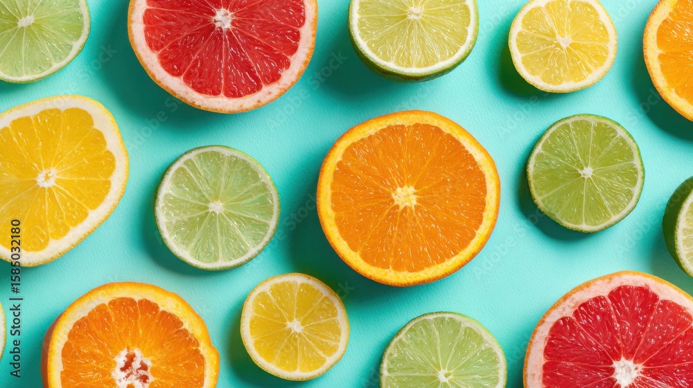 flatlay of sliced citrus fruits arranged in dynamic pattern on turquoise background, juicy and bright flatlay of sliced citrus fruits arranged in dynamic pattern on turquoise background, juicy and bright