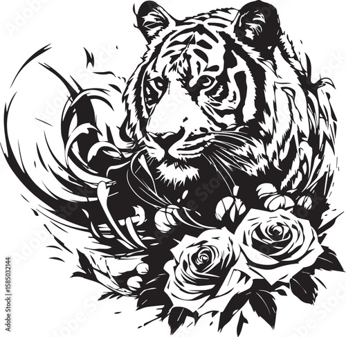 Thai tiger vector illustration for tattoo design featuring a wild big cat head with powerful eyes