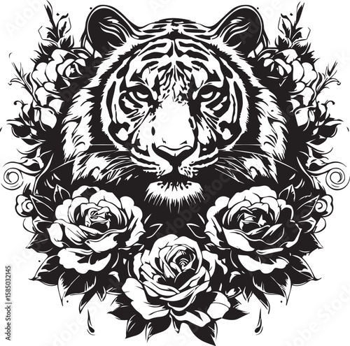 Roaring tiger head vector illustration with floral accents, ideal for captivating tattoos and powerful logos