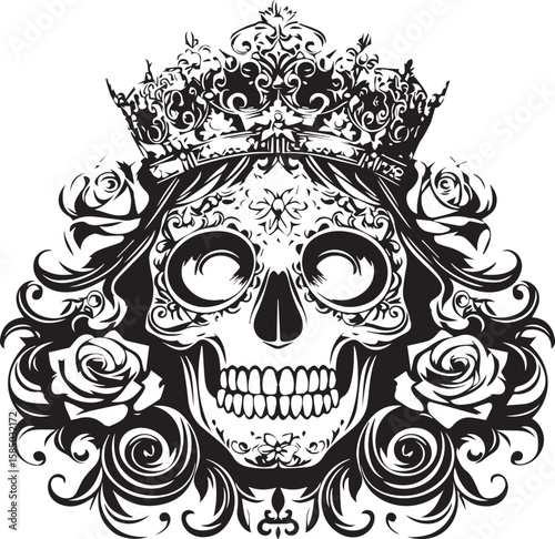 A gothic vector illustration of a vintage skull and crossbones design with wings and a crown on a black background, perfect for a tribal tattoo or Halloween art