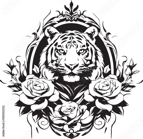 Here's a single sentence combining those elements:

Tiger head tattoo design with floral rose elements, a tribal vector illustration perfect for vintage animal art or a bold logo