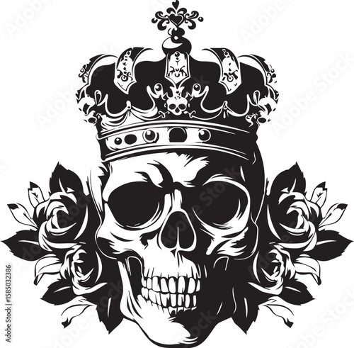Gothic skull and crossbones tattoo vector with floral wings
