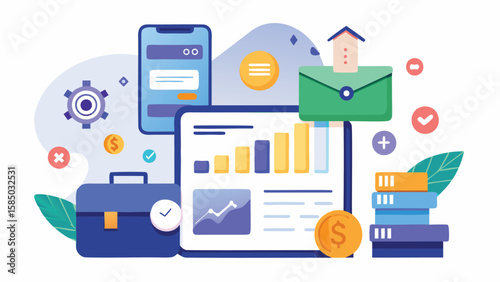 Illustration of business elements including a chart, phone, and briefcase in a modern style