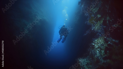 Wallpaper Mural A lone adventurer descends into the profound blue abyss of a hidden underwater world Torontodigital.ca