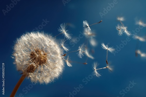 A mature dandelion clock against a deep blue sky, its seeds dispersing on a gentle breeze, creating a sense of lightness and freedom