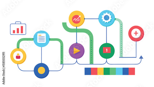 Illustration of a colorful workflow diagram with various icons and connected nodes representing process steps