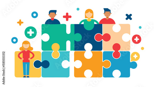 Teamwork collaboration concept illustrated with people on puzzle pieces and plus and cross symbols around them