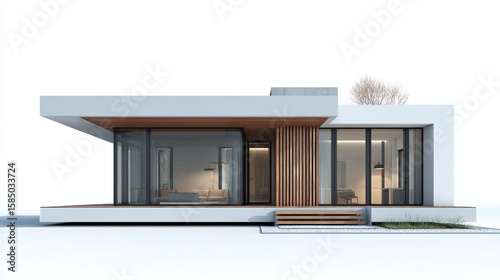 3D rendered modern minimalist house design, flat roof, large glass windows, clean white and wood facade