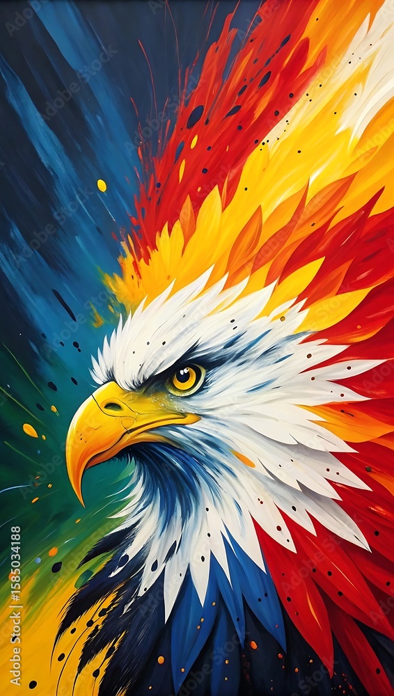 Fototapeta premium Predator eagle in flight against a sky of sun and stars, a wild bird with powerful wings soaring in nature