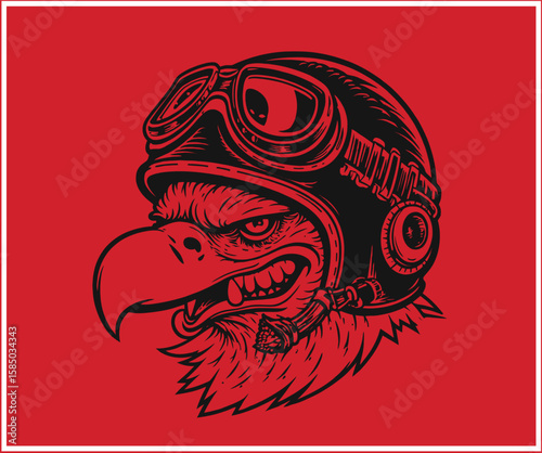 Eagle Pilot Cartoon Illustration with Helmet and Goggles on Red Background