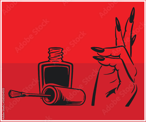 Bold Red and Black Nail Polish with Hand Manicure Illustration