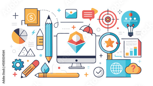 Illustration showing a computer monitor surrounded by various design and business related elements artfully arranged