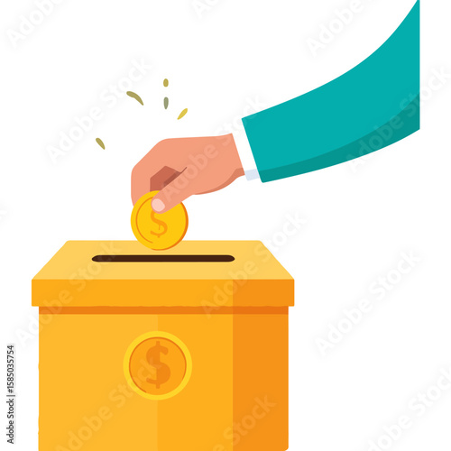 Hand putting a gold coin into a donation box, illustrating giving, charity, fundraising, and financial support with a simple and clean vector design.
