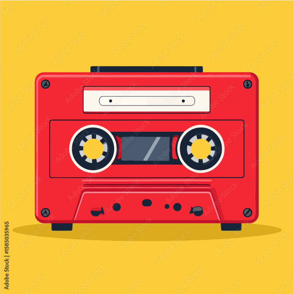 Naklejka premium A vibrant, red cassette tape illustration against a bright yellow background evokes retro vibes and nostalgia for the 1980s and 1990s era of music listening.