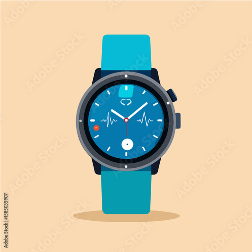 Isolated illustration of a blue smartwatch showing heart rate monitoring for tracking fitness and health, promoting wellness and modern technology with a simple design.
