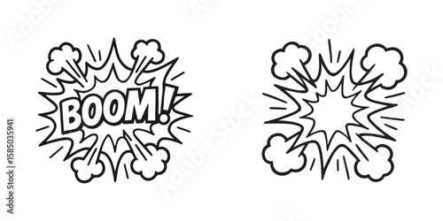 Comic explosion vector illustration with boom text and cartoon style black outline artwork