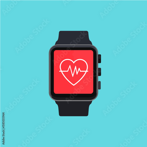 Smartwatch displaying heart rate monitor in red over a light blue background, symbolizing modern health technology, fitness tracking, and well-being apps.