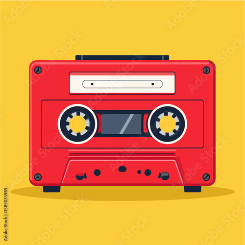 A vibrant, red cassette tape illustration against a bright yellow background evokes retro vibes and nostalgia for the 1980s and 1990s era of music listening.