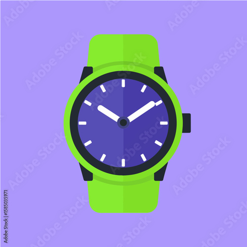 Simple flat vector illustration of a wristwatch with a green strap and a blue face isolated on a pastel purple background, showing the concept of time management and punctuality.