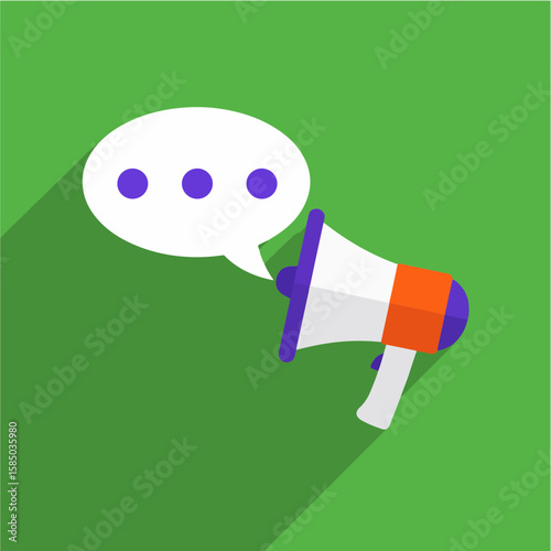 Flat design illustration featuring a white and orange megaphone with a speech bubble containing ellipses on a green background, symbolizing announcements and communication.