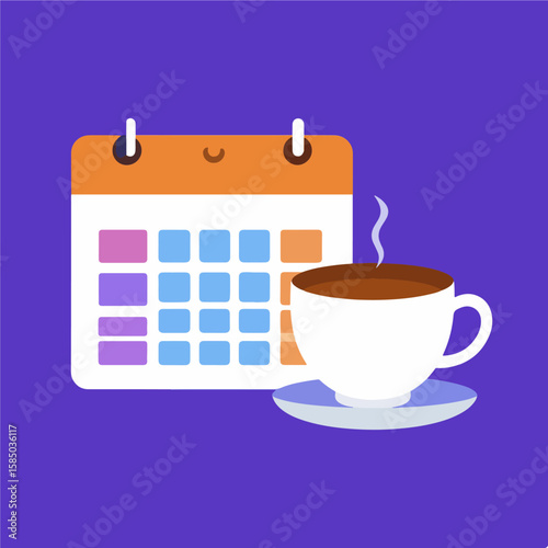 Conceptual illustration featuring a colorful calendar alongside a steaming cup of coffee, representing scheduling, appointments, and the importance of taking breaks, on a vibrant background.