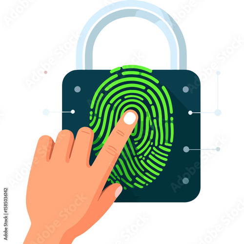 An illustration of a hand unlocking a digital padlock with a green fingerprint scan for secure access and verification in modern technology.